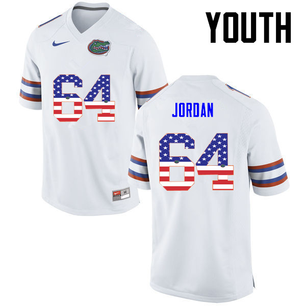 Youth Florida Gators #64 Tyler Jordan College Football USA Flag Fashion Jerseys-White